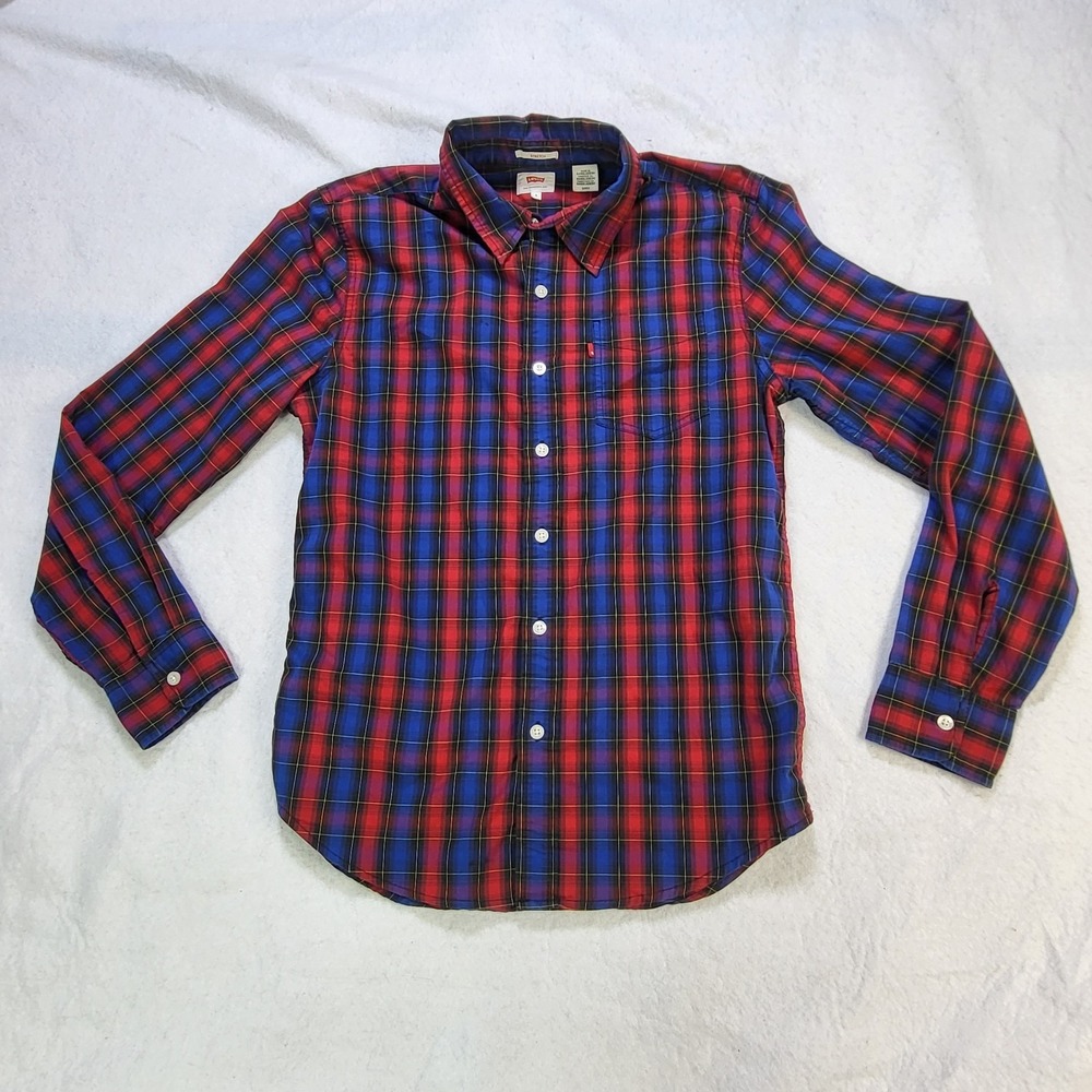 Levis Plaid Button Front Shirt Red Blue Stretch Long Sleeve Mens Small